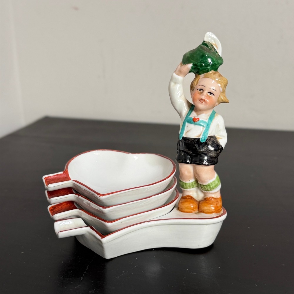 Vintage Porcelain Bavarian Boy Ashtray Set Heart Shaped Nesting Trays 4pc RARE